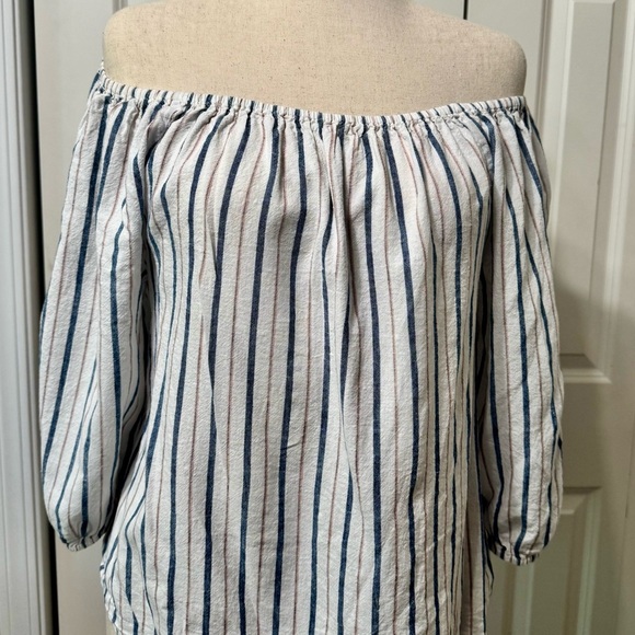 Evereve EUC❤️Sanctuary White/Navy/Tan Stripe. Off/on shoulder Puff Sleeve - Picture 6 of 9